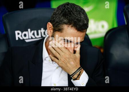 24 settembre 2019, Barcellona, BARCELLONA, Spagna: Ernesto Valverde dalla Spagna del FC Barcelona durante la partita di la Liga tra FC Barcelona e Vilareal allo stadio Camp Nou di Barcellona il 24 settembre 2019, Spagna. (Immagine di credito: © AFP7 via cavo ZUMA) Foto Stock