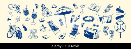 Set di elementi di design disegnati a mano per la spiaggia estiva. Italiano, greco, spagnolo, Positano, Amalfy, Capri, vacanze e vacanze nel mediterraneo. wh. Costiera Illustrazione Vettoriale