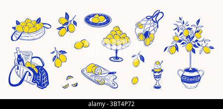 Set di elementi di design blu e giallo limone. Disegno bizzarro. La Dolce vita in stile italiano. Agrumi, vaso, cesto, piatto, tavola. Crusca di lime Illustrazione Vettoriale