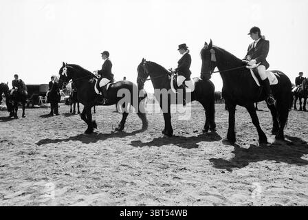 Scuola di equitazione Friezendag Vijfhuizen Vijfhuizen, Whizgle News, Dutch Desk, Paesi Bassi, 1950 - 2000 il 03-07-1993. Questi sono gli elementi dell'immagine. La scena mostra un evento equestre competitivo ambientato in una spaziosa arena sabbiosa. Tre cavalieri su straordinari cavalli neri sono in fila, ognuno vestito con un abbigliamento formale. I motociclisti indossano eleganti elmetti, giacche aderenti e pantaloni sartoriali, che riflettono un senso di eleganza e professionalità. I loro cavalli sono altrettanto impressionanti, con cappotti lucidi che catturano la luce solare brillante, creando un contrasto sorprendente con i toni della terra Foto Stock