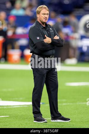 29 settembre 2019: Allenatore degli Oakland Raiders Jon Gruden durante la pre-partita della partita di football tra gli Oakland Raiders e gli Indianapolis Colts al Lucas Oil Stadium di Indianapolis, Indiana. John Mersits/CSM.(immagine di credito: &Copy; John Mersits/CSM tramite cavo ZUMA) Foto Stock
