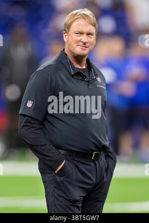 29 settembre 2019: Allenatore degli Oakland Raiders Jon Gruden durante la pre-partita della partita di football tra gli Oakland Raiders e gli Indianapolis Colts al Lucas Oil Stadium di Indianapolis, Indiana. John Mersits/CSM.(immagine di credito: &Copy; John Mersits/CSM tramite cavo ZUMA) Foto Stock