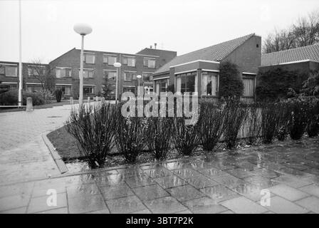 Senior housing "De Voghelsanck" a Vogelenzang-Bloemendaal, Whizgle News, Dutch Desk, Paesi Bassi, 1950 - 2000 su 11-1987. Questi argomenti vengono visualizzati nell'immagine. La scena raffigura un ambiente tranquillo e urbano caratterizzato da una modesta zona residenziale. In primo piano, uno stretto percorso di grandi piastrelle rettangolari risplende leggermente, probabilmente a causa della recente pioggia, riflettendo sfumature di grigio. A sinistra, una fila ben rifilata di cespugli verdi scuri crea un bordo, i cui rami mostrano segni di potatura recente. Adiacente al sentiero, un piccolo edificio ha un aspetto invitante, con una pendenza Foto Stock