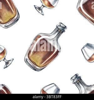 Motivo senza cuciture con cognac, bottiglie e bicchieri da vino. Illustrazione ad acquerello disegnata a mano. Adatto per l'arredo da bar e pub. Per tessuti, carte da parati Foto Stock