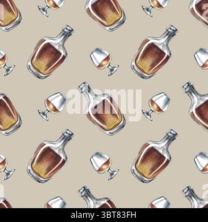 Motivo senza cuciture con cognac, bottiglie e bicchieri da vino. Illustrazione ad acquerello disegnata a mano. Adatto per l'arredo da bar e pub. Per tessuti, carte da parati Foto Stock