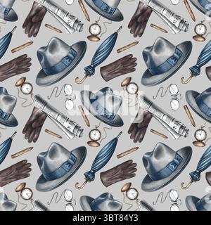 Motivo senza cuciture su un tema maschile: Accessori, cappelli, guanti, ombrelli, bastoncini, e così via. Illustrazione ad acquerello disegnata a mano. Ottimo per Foto Stock