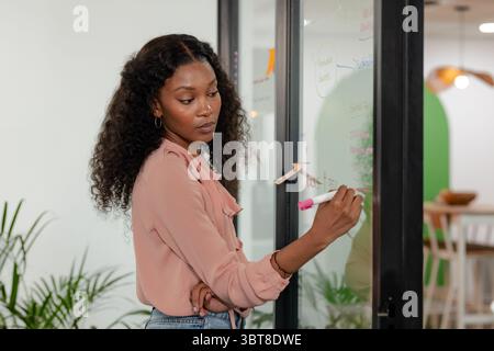 Donna afroamericana che scrive appunti su lavagna in vetro trasparente in ufficio con pennarello rosa Foto Stock