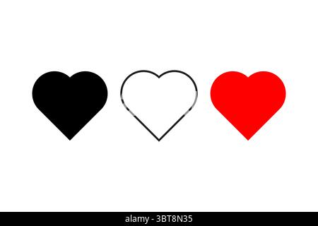 Trio icona cuore. Contrasto nero-rosso. Vettoriale contorno bianco. Simbolo dell'emozione d'amore. Illustrazione Vettoriale