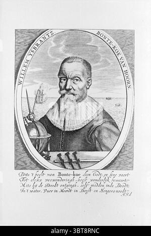 Incisione del capitano Willem Ysbrantz Bontekoe van Hoorn., Whizgle News, Dutch Desk, Paesi Bassi, 1950 - 2000. Questi argomenti vengono visualizzati nell'immagine. La scena raffigura una figura storica, probabilmente un uomo di qualche significato, caratterizzata dal suo abbigliamento formale e dall'espressione contemplativa. È vestito con un abito tradizionale e scuro, adornato da un ruff che aggiunge un tocco di eleganza al suo aspetto. I suoi capelli sono ordinatamente disposti, possibilmente grigi, dando un'aria di saggezza o maturità. In una mano, ha un globo, suggerendo una connessione con l'esplorazione o la navigazione. Questo oggetto si trova in primo piano, SYM Foto Stock