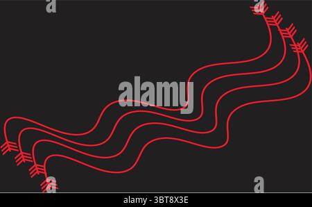 Frecce al neon rosse ondulate su sfondo scuro che rappresentano il flusso di dati della tecnologia e il vettore dei circuiti ai Illustrazione Vettoriale