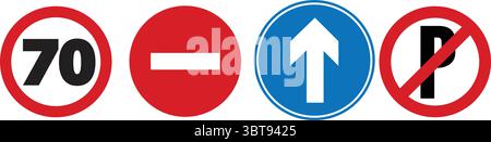 Set di segnali stradali — limite di velocità nessun parcheggio nessun ingresso e simboli di direzione per la sicurezza stradale e stradale Illustrazione Vettoriale