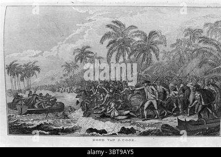 Drawings about James Cook (explorer), Whizgle News, Dutch Desk, The Netherlands, 1950 - 2000 on 26-02-1968. L'immagine include questi argomenti. La scena raffigura un momento drammatico lungo una riva del fiume, dove un gruppo di indigeni ed esploratori interagiscono in mezzo a un conflitto in corso. L'ambiente e' lussureggiante, caratterizzato da una fitta vegetazione con alte palme che ondeggiano in un clima tropicale. In primo piano, una piccola barca galleggia su acque instabili, con diversi individui a bordo, probabilmente esploratori, che guardano verso la riva del fiume. Sembrano preoccupati ma determinati, pienamente impegnati nel confronto Foto Stock
