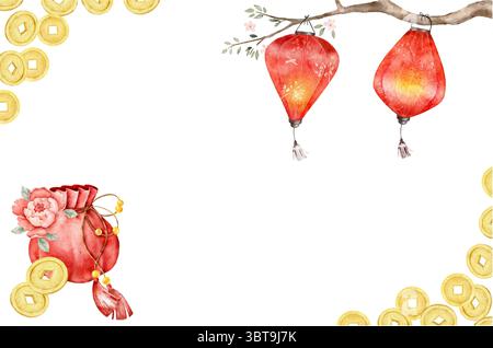 Composizione orizzontale ad acquerello per il Capodanno cinese con due lanterne rosse, ramo in fiore, monete d'oro e custodia per denaro. Layout decorativo perfetto Foto Stock