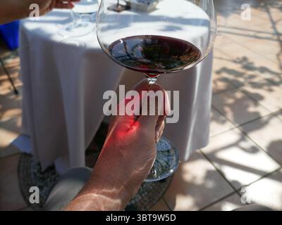 Vino rosso in calice tenuto nel patio all'aperto del vigneto caffetteria con motivi astratti di luce del sole a portata di mano Foto Stock