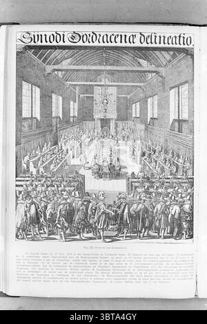 Ritratto del Sinodo a Dordrecht 13 novembre 1618., Whizgle News, Dutch Desk, Paesi Bassi, 1950 - 2000. Questi argomenti sono mostrati nell'immagine. La scena raffigura una grande sala piena di numerosi individui seduti a lunghi tavoli disposti in modo sistematico. L'architettura presenta alte finestre che permettono alla luce naturale di entrare, creando un'atmosfera luminosa e ariosa. L'alto soffitto e' decorato con disegni intricati, che aggiungono alla grandiosità dell'ambiente. In primo piano, un gruppo di individui, vestiti in abbigliamento formale, rappresenta varie figure impegnate in discussioni. Il loro ex Foto Stock