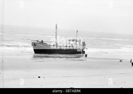 Stranding of the Catharina F. in Schoorl Ships Stranding, Whizgle News, Dutch Desk, Paesi Bassi, 1950 - 2000 il 04-02-1965. Questi argomenti vengono visualizzati nell'immagine. Un grande peschereccio intempestivo si trova a riva su un tratto di spiaggia sabbiosa, mezzo sommerso da dolci onde che si infrangono sullo scafo. La nave ha un aspetto industriale, mostrando segni di usura, con vernice sbucciante e ruggine che racconta storie della sua età e della durezza del mare. Il suo ponte è decorato con varie attrezzature nautiche, tra cui corde e parafanghi. In primo piano, sono visibili un paio di figure, forse frequentatori di spiaggia o fi Foto Stock