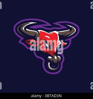 Design vettoriale con logo della mascotte Bull e design moderno per la stampa di badge, emblemi e t shirt. Illustrazione con testa a bottone. Illustrazione Vettoriale