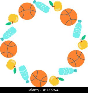 Una corona divertente e colorata di ritorno a scuola con pallacanestro, mela, bottiglia d'acqua, perfetta per lo sport e per il ritorno a scuola Illustrazione Vettoriale