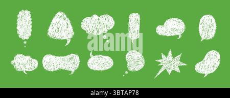 Pastelli per il discorso dei palloncini. Vector Speech Bubble Collection con texture Crayon. Retro chatting bianco o caselle di messaggio su sfondo verde Illustrazione Vettoriale