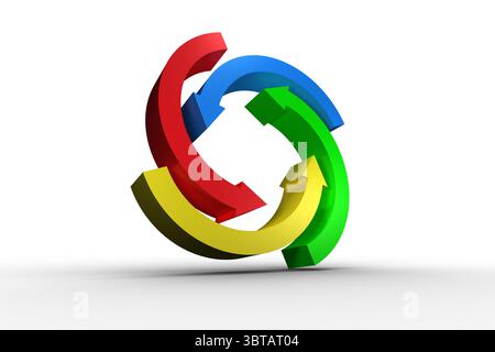 Il rendering 3D mostra quattro frecce a incastro di colore rosso blu verde giallo su pavimento bianco lucido Foto Stock