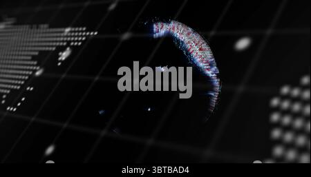 Sfera digitale fluttuante che si libra all'interno di una matrice di griglia luminosa nello spazio virtuale, con nodi luminosi Foto Stock