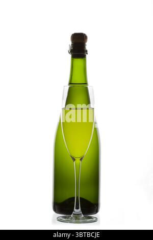 bottiglia di champagne senza etichetta su sfondo bianco puro studio shot con vetro pieno davanti Foto Stock