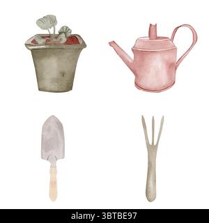 Set di acquerelli per lavorare in giardino. Pala e rastrello e lattina per innaffiare metalli. Illustrazione disegnata a mano strumenti da giardinaggio per le vacanze primaverili Foto Stock