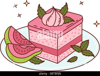 Cupcake dolce di guava in piatto con foglie di menta e fette di frutta rosa tropicale. Illustrazione vettoriale. Piatti cremosi esotici per l'estate, menu de Illustrazione Vettoriale