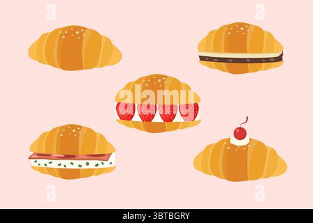 Varietà di sapori Shio Pan di pane salato giapponese. fagioli rossi e burro, fragole, pancetta e formaggio spalmabile, ciliegia. illustrazione vettoriale Illustrazione Vettoriale