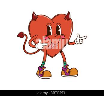Personaggio cartoni animati di Halloween Devil Heart con divertente sorriso sul volto felice, simbolo vettoriale delle vacanze. Cuore vivace con corna diaboliche e sciocchezze per emotivare i cartoni animati retrò di Halloween Illustrazione Vettoriale