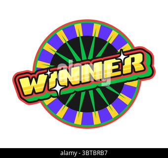 Vincitore del casinò, adesivo Govy Y2K per il gioco d'azzardo. Gioco d'azzardo Fortune Y2K Vector sticker, roulette Luck Groovy label. Toppa retrò del jackpot del casinò o tag con roulette e testo tipografico dorato vincitore Illustrazione Vettoriale