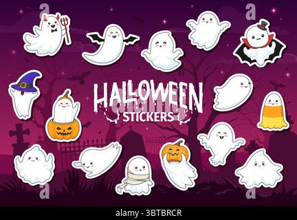 Confezione di adesivi dei personaggi fantasma del cartoni animati Halloween. Vector ambientato con simpatici personaggi spettrali, fantasma, ghoul e mostri in costumi come diavolo, vampiro, strega, mummia, zucca e caramelle Illustrazione Vettoriale
