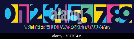 Carattere numerico astratto colorato, alfabeto geometrico giocoso con vivace creatività per il logo creativo, titolo del poster Illustrazione Vettoriale