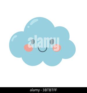 Nuvola blu Kawaii con guance rosate e un sorriso dolce. Ideale per icone meteorologiche, stampe da vivaio e allegri personaggi del cielo in stile cartoni animati Illustrazione Vettoriale