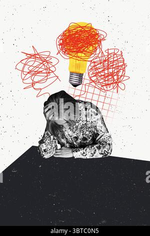 Poster schizzo immagine grafica collage 3D di donna anziana seduto pensiero mentale sress problema depressione pensiero decisione eureka sfida creativa Foto Stock