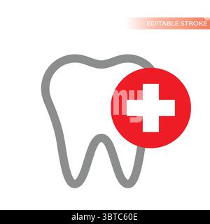 Clinica odontoiatrica, dente con l'icona del vettore della linea trasversale medica. Studio dentista, trattamento dei denti e terapia foderati o delineati. Illustrazione Vettoriale