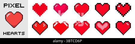 Una serie di pulsanti delle icone di cuori dei pixel retrò. Simbolo d'amore vintage, illustrazione vettoriale a 8 bit per un gioco su computer e Internet Illustrazione Vettoriale