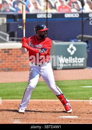 6 settembre 2020: Braves ha lasciato l'esterno Marcell Ozuna attende un campo mentre è in battuta durante il terzo inning di una partita della MLB contro i Nationals al Truist Park di Atlanta, GA. Austin McAfee/CSM(immagine di credito: &Copy; Austin McAfee/CSM tramite cavo ZUMA) Foto Stock