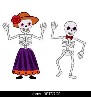 Illustrazione vettoriale di due scheletri giocosi di Day of the Dead, una femmina in abito viola e un maschio con un papillon, entrambi decorati con occhi floreali, Illustrazione Vettoriale