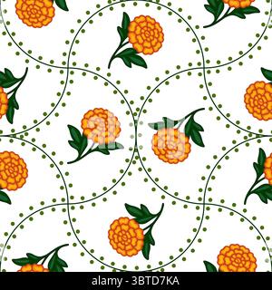 Motivo vettoriale senza cuciture con fiori di calendula stilizzati e linee verdi punteggiate, per creare un design vivace e allegro, perfetto per le stampe tessili o fe Illustrazione Vettoriale