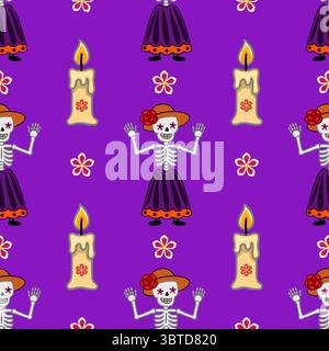 Motivo vettoriale senza cuciture con allegre Catrinas Calaveras in vibrante viola, arancione e rosso, che ondeggiano sullo sfondo di candele accese e stilizzano Illustrazione Vettoriale
