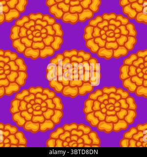 Motivo vettoriale senza cuciture di calendule arancioni stilizzate su un vivace sfondo viola, ideale per i disegni Day of the Dead o autunnali. Illustrazione Vettoriale