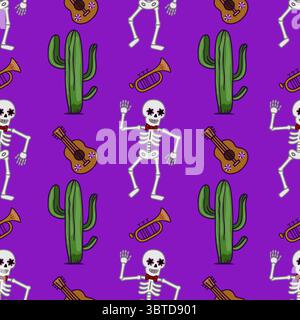 Vivace motivo vettoriale senza cuciture con scheletri danzanti con decorazioni floreali agli occhi, cactus, chitarre e trombe, che celebrano dia de los Muertos. Illustrazione Vettoriale