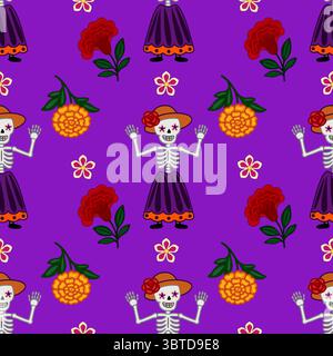 Vivace motivo vettoriale senza cuciture con scheletri di Day of the Dead Calaveras in abiti festivi, circondati da calendula e altri fiori colorati Illustrazione Vettoriale