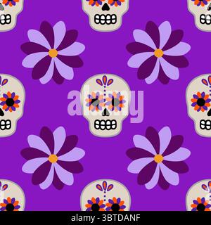 Motivo vettoriale senza cuciture con teschi di zucchero stilizzati e fiori viola su un vivace sfondo viola, perfetto per i design a tema Day of the Dead. Illustrazione Vettoriale