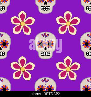 Motivo vettoriale senza cuciture con vibranti teschi di zucchero e fiori stilizzati su un ricco sfondo viola, ideale per i disegni Day of the Dead. Illustrazione Vettoriale