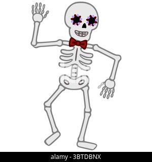 Illustrazione vettoriale di uno scheletro danzante allegro con decorazioni floreali per gli occhi e un papillon rosso, perfetto per le celebrazioni Day of the Dead o Hallowee Illustrazione Vettoriale