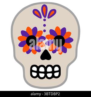 Illustrazione vettoriale di un cranio di zucchero stilizzato con decorazioni floreali arancioni e viola, con un design minimalista e una tavolozza di colori sfumati, Illustrazione Vettoriale