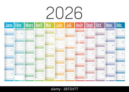 Calendario da parete colorato anno 2026 su sfondo bianco, lingua francese, modello vettoriale Francia Illustrazione Vettoriale