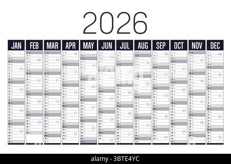 Calendario a parete orizzontale in bianco e nero anno 2026, lingua inglese, modello vettoriale Illustrazione Vettoriale
